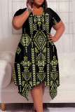 Black Casual Street National Totem Geometric Print Pocket Irregular Contrast O Neck Printed Plus Size Dresses