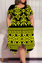 Black Yellow Casual Street National Totem Geometric Print Pocket Irregular Contrast O Neck Printed Plus Size Dresses
