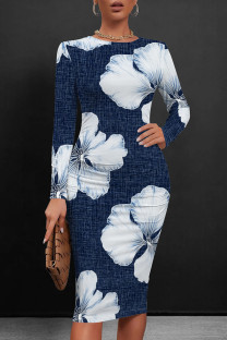 Dark Blue White Casual Print Patchwork O Neck Wrapped Skirt Dresses
