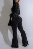 Dark Brown Casual Solid Color Draw String Patchwork U Neck Long Sleeve Two Pieces