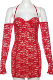 Red Sexy Solid Color Patchwork See-Through Halter Wrapped Skirt Dresses