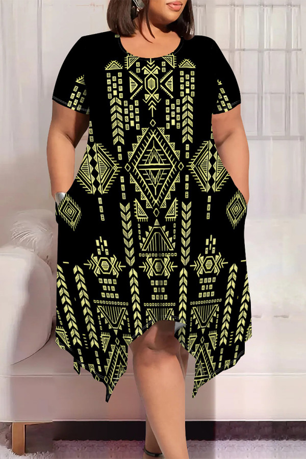 Gold Casual Street National Totem Geometric Print Pocket Irregular Contrast O Neck Printed Plus Size Dresses