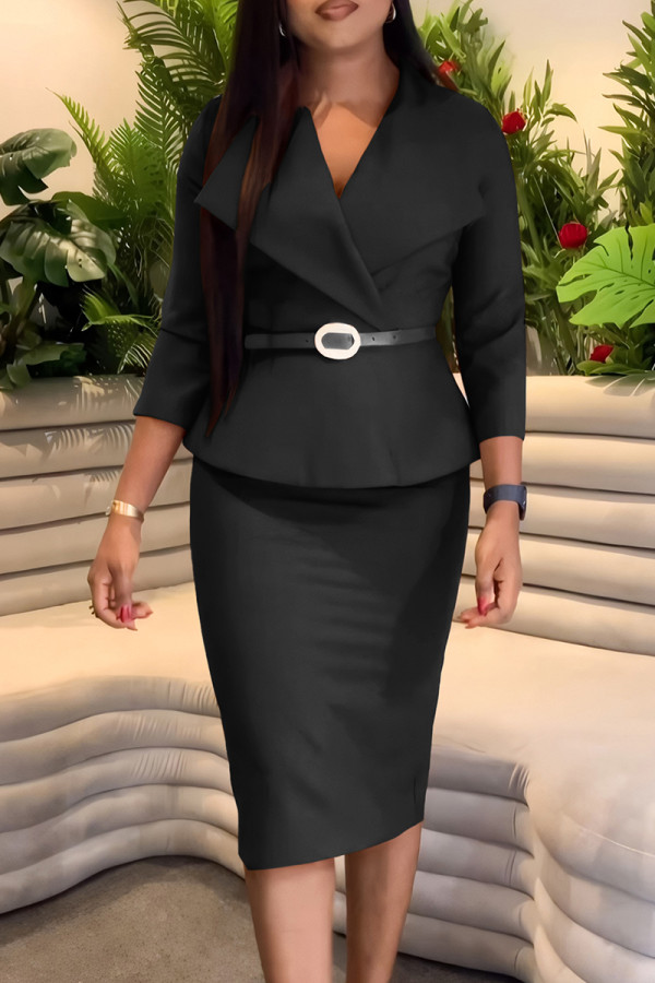 Black Elegant Solid Color Patchwork With Belt Turndown Collar Wrapped Skirt Dresses