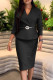 Black Elegant Solid Color Patchwork With Belt Turndown Collar Wrapped Skirt Dresses