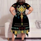 Black Casual Street National Totem Geometric Print Pocket Irregular Contrast O Neck Printed Plus Size Dresses