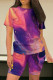 Purple Pink Casual Tie Dye Patchwork O Neck Short Sleeve Two Pieces