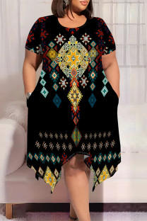 Black Casual Street National Totem Geometric Print Pocket Irregular Contrast O Neck Printed Plus Size Dresses