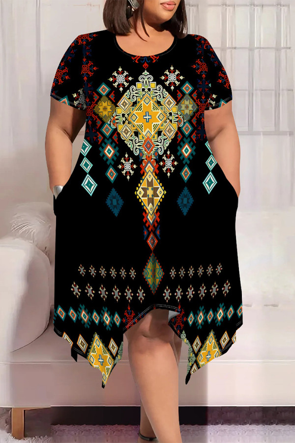 Black Casual Street National Totem Geometric Print Pocket Irregular Contrast O Neck Printed Plus Size Dresses