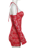 Red Sexy Solid Color Patchwork See-Through Halter Wrapped Skirt Dresses