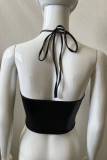 Black Sexy Solid Color Patchwork Strap Design Halter Tops