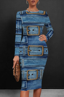 Blue Brown Casual Print Patchwork O Neck Wrapped Skirt Dresses