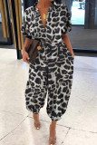 Black Casual Leopard Print Pocket Buckle Patchwork Turndown Collar Loose Jumpsuits