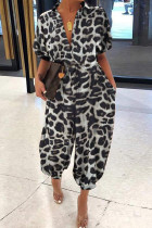Leopard Print Casual Leopard Print Pocket Buckle Patchwork Turndown Collar Loose Jumpsuits