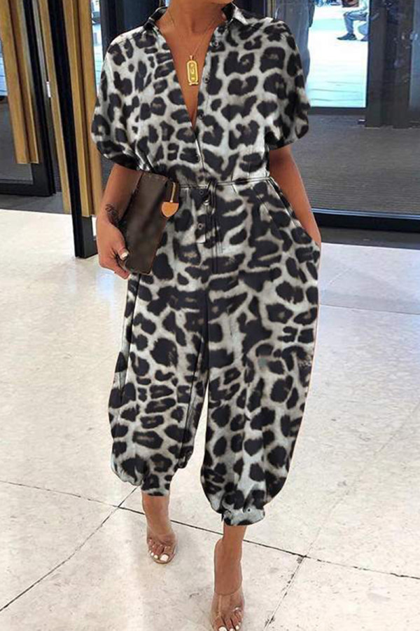 Leopard Print Casual Leopard Print Pocket Buckle Patchwork Turndown Collar Loose Jumpsuits