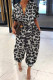 Leopard Print Casual Leopard Print Pocket Buckle Patchwork Turndown Collar Loose Jumpsuits