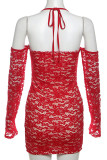 Red Sexy Solid Color Patchwork See-Through Halter Wrapped Skirt Dresses
