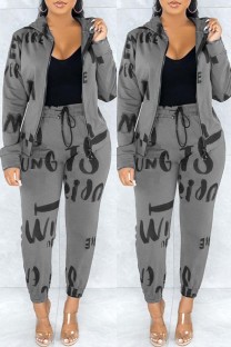Grey Fashion Casual Print Basic Zipper Collar Long Sleeve Two Pieces