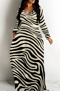 Light Khaki Casual Print Patchwork V Neck Long Dresses