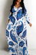 White Blue Casual Print Patchwork V Neck Long Dresses