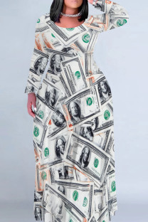White Casual Print Patchwork O Neck Long Plus Size Dresses