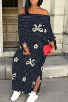 Dark Gray Casual Street Faux Denim Print Lace Up Slit Contrast Off Shoulder Printed Dresses