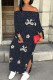 Dark Gray Casual Street Faux Denim Print Lace Up Slit Contrast Off Shoulder Printed Dresses