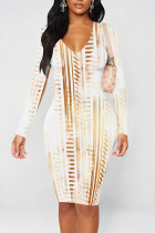 Orange White Casual Street Geometric Print Contrast V Neck Printed Dresses
