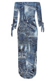 Baby Blue Casual Street Faux Denim Print Lace Up Slit Contrast Off Shoulder Printed Dresses