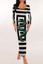 Green Casual Print Patchwork U Neck Wrapped Skirt Dresses