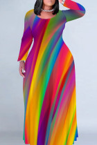 Colour Casual Print Patchwork O Neck Long Plus Size Dresses