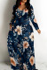 Dark Blue Casual Print Patchwork V Neck Long Dresses