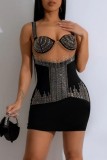 Black Sexy Patchwork Hot Drilling Backless Spaghetti Strap Wrapped Skirt Dresses