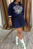 Navy Blue Casual Print Patchwork Contrast O Neck Long Sleeve Two Pieces
