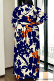 Black Casual Street Floral Print Lace Up Contrast V Neck Printed Plus Size Dresses