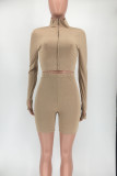 Coffee Casual Letters Patchwork Zipper Zipper Collar Long Sleeve Two Pieces