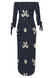 Baby Blue Casual Street Faux Denim Print Lace Up Slit Contrast Off Shoulder Printed Dresses