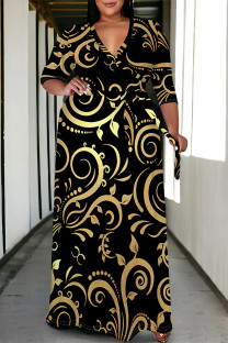 Black Casual Street Floral Print Lace Up Contrast V Neck Printed Plus Size Dresses