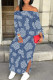 White Blue Casual Street Faux Denim Print Lace Up Slit Contrast Off Shoulder Printed Dresses