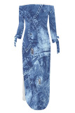 Baby Blue Casual Street Faux Denim Print Lace Up Slit Contrast Off Shoulder Printed Dresses