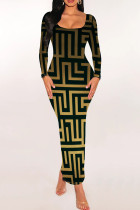 Black Gold Casual Print Patchwork U Neck Wrapped Skirt Dresses