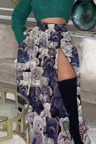 Deep Blue Casual Print Patchwork Slit Zipper Loose Mid Waist Full Print Bottoms