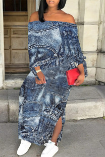 Medium Blue Casual Street Faux Denim Print Lace Up Slit Contrast Off Shoulder Printed Dresses