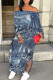 Medium Blue Casual Street Faux Denim Print Lace Up Slit Contrast Off Shoulder Printed Dresses