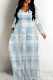 Sky Blue Casual Print Patchwork V Neck Long Dresses