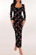 Black Red Casual Letter Print Contrast Square Neck Printed Dresses