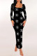 Black White Casual Street Letter Print Square Neck Printed Dresses