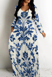 Sky Blue Casual Print Patchwork V Neck Long Dresses