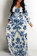 Cream White Casual Print Patchwork V Neck Long Dresses