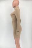 Coffee Casual Letters Patchwork Zipper Zipper Collar Long Sleeve Two Pieces