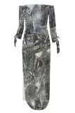 Baby Blue Casual Street Faux Denim Print Lace Up Slit Contrast Off Shoulder Printed Dresses